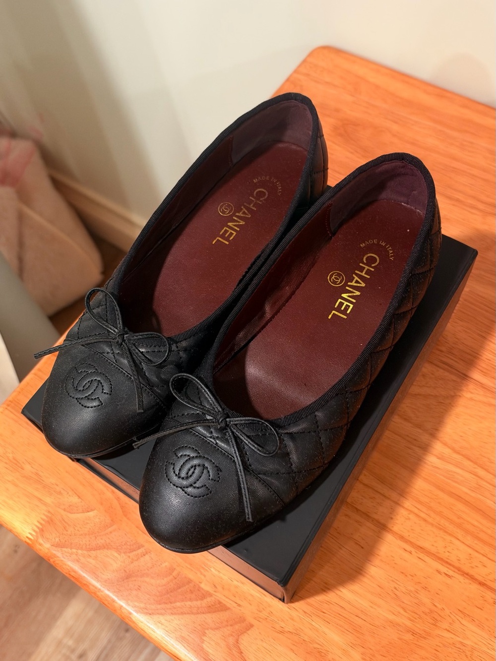 CHANEL Black Quilted Leather CC-Toe Ballet Flats